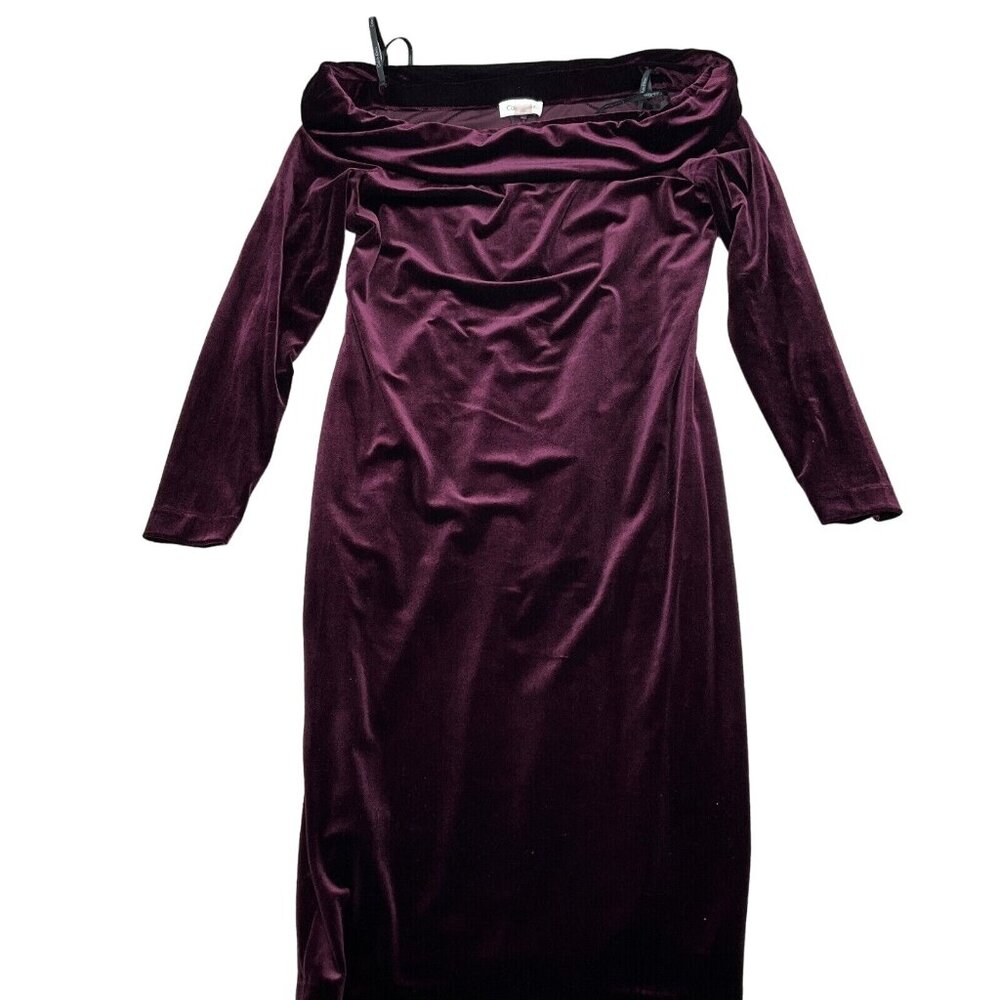 Calvin Klein Dress Women 8 Purple Velour Column Off‎ Shoulder Stretch Midi Party